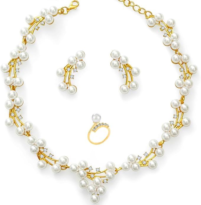 la luen Pearl Bride Wedding Jewelry Set Faux Pearls Crystal Rhinestone Necklace Earrings Bracelet Sets for Women Bridesmaid(3 PCS)