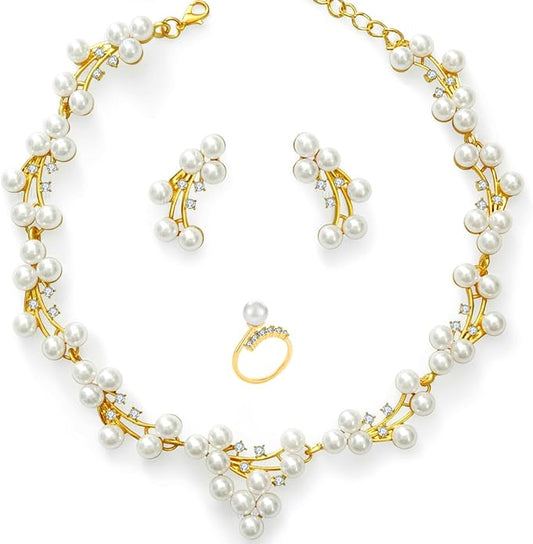 la luen Pearl Bride Wedding Jewelry Set Faux Pearls Crystal Rhinestone Necklace Earrings Bracelet Sets for Women Bridesmaid(3 PCS)
