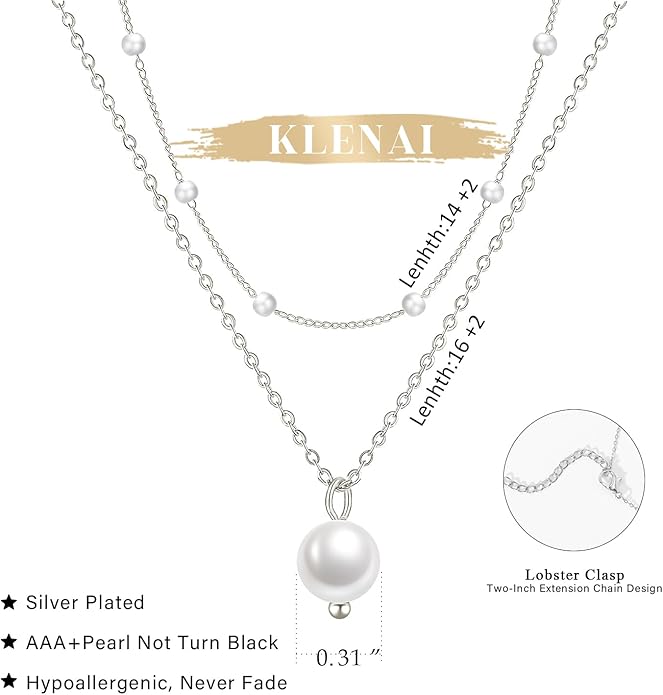 Gold Pearl Necklace for Women, 14K Gold Plated Layered Pearl Necklaces for Women Trendy Simple Herringbone Chain Pearl Necklace for Women Gold Jewelry Gifts