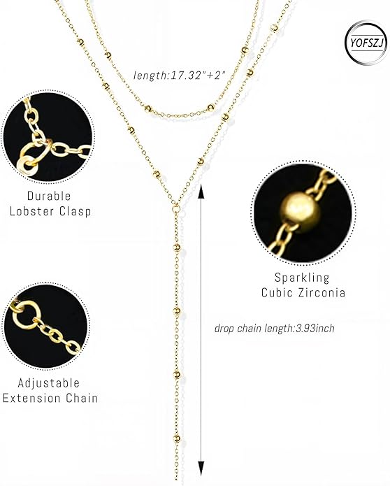 14K Gold Plated Y Necklace for Women – Dainty Lariat Long Pendant Chain, Layered Drop Necklace for V Neck Dress, Simple Sexy Cleavage Jewelry Gifts for Women