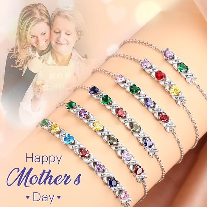 Personalized Custom Name Heart Bracelet with 1-6 Birthstone Bracelets for Women Engraved Family Names Link Bracelets for Mother's Day Mom Daughter