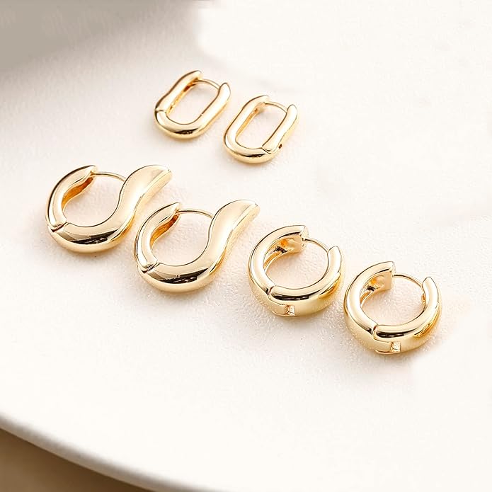 14K Gold Plated Hoop Earrings for Women, Hypoallergenic Chunky Gold Plating Hoop Earrings Multipack, Lightweight Twisted Huggie Hoops Earring Set Jewelry for Gifts