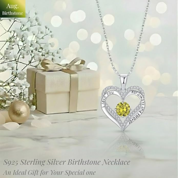 Birthstone Heart Necklace for Women Wife Girlfriend Mom Daughter Gifts S925 Silver Jewelry For Anniversary Rose Gold Gifts For Birthday Christmas Mothers Valentines Day