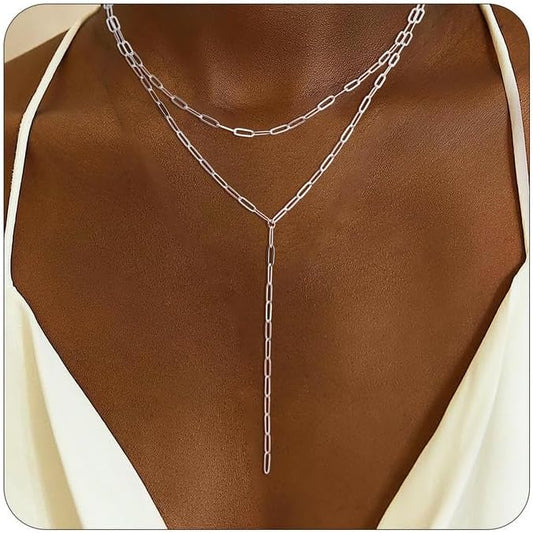 Lariat Necklace for Women, Dainty 14K Gold/Silver Plated Long Necklaces for Women Trendy Simple Layered Y-Shaped Drop Pendant Necklace Adjustable Gold Jewelry Gifts For Her Christmas Stocking Stuffer