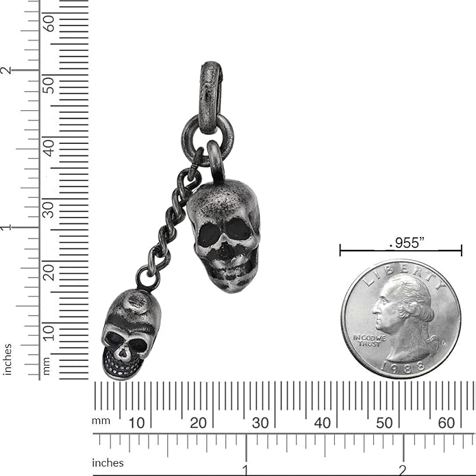 Metro Jewelry Double Skull Necklace for Men in Stainless Steel with Antique Finish on 24 Inch Curb Chain with Lobster Claw