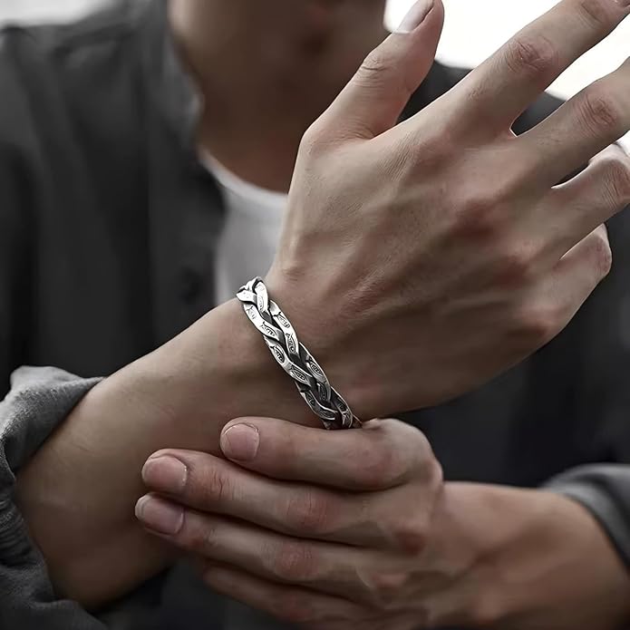 Kim Carrey S925 Sterling Silver Bracelet, Open Bangle Cuff Design, Men's Stacked Bracelets Gift Jewelry for My Man
