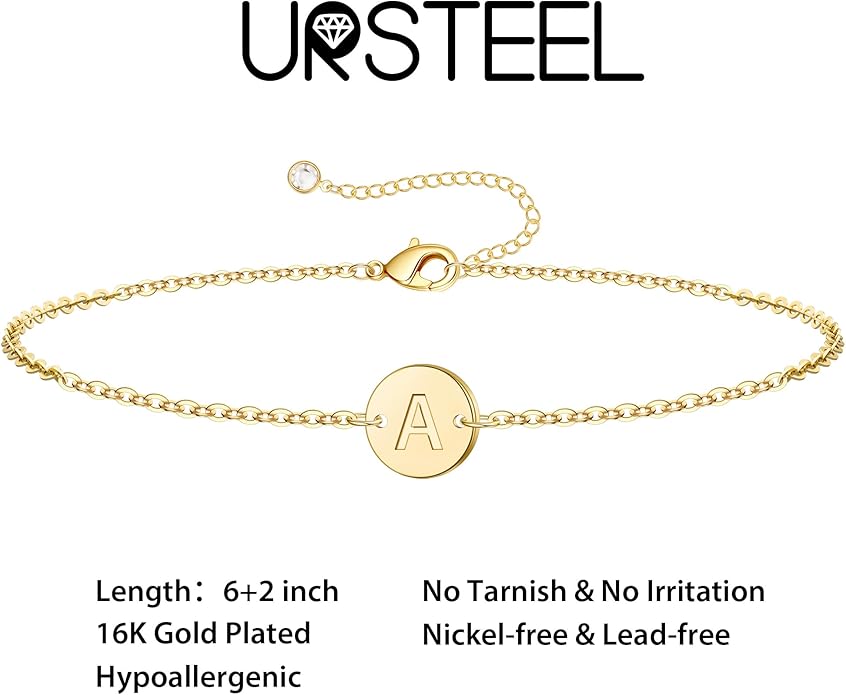 Ursteel Gold Initial Bracelet for Women Trendy - Personalized A-Z Letter Cute Bracelet for Women, Dainty Gold Coin Disc Womens Jewelry Gifts