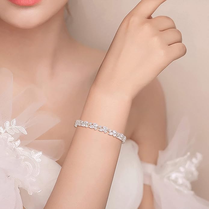 EleQueen Women's Wedding Bridal Jewelry Set for Brides Bridesmaids, Silver/14K Gold/Rose Gold Plated Cubic Zirconia Teardrop Necklace Dangle Earrings Bracelet Sets for Party Prom