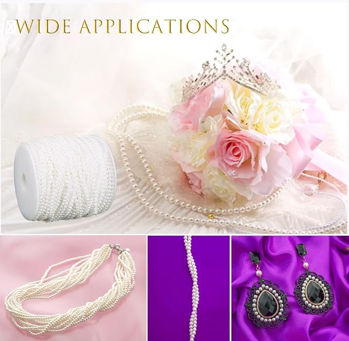 FQTANJU White Pearl Garland Strand,2.5mm Crystal Beads Faux Bead Spool Rope for Wedding Party Decoration DIY Crafts (50 Meters)