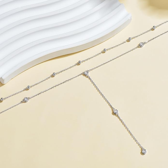 Diamond Station Layered Lariat Necklace for Women 925 Sterling Silver Layering Y-Shaped Chain Necklace with Lab Grown Diamond Jewelry Gifts 0.3 CTTW D Color VVS Clarity, 14 inch + 16 inch Chain