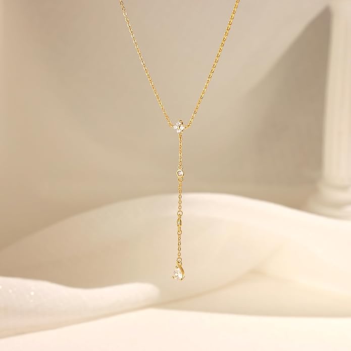CHESKY Lariat Gold Necklace for Women Trendy, Dainty Long Necklace 14k Gold Plated/Silver Y-Shaped Pendant Necklace Layered Cz Beaded Chain Drop Necklaces Simple Gold Jewelry For Women Gift