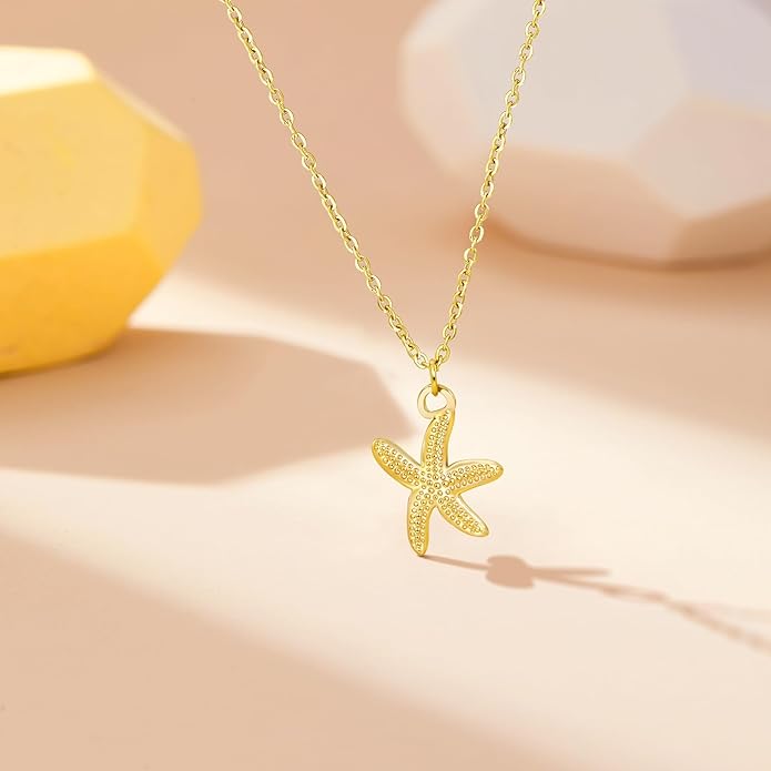 Shell Necklace for Women,14k Gold Plated Layered Starfish Conch SeaShell Pearl Pendant Charm Necklace,Non Tarnish Adjustable Stainless Steel Chain Stack Jewerly for Summer Beach Vacation