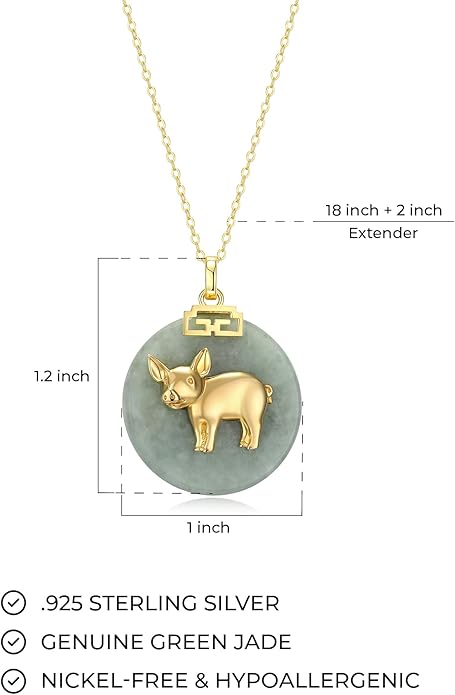 ETERNAL JADE .925 Sterling Silver 18K Gold Plated Chinese Zodiac Sign Pendant Necklaces for Women - Hypoallergenic Genuine Green Jade Gold Necklace for Women Zodiac Year Jewelry, 18 inch Chain
