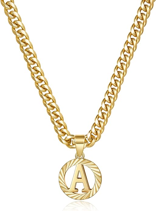 KissYan Gold Initial Necklace,14K Gold Plated Round Letter Pendant Hollow Capital Monogram 5mm Cuban Chain Necklace Alhpabets from A-Z Dainty Jewelry for Women Men