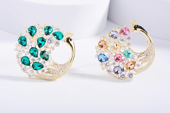 14K Gold Phoenix Tail Feather Brooch, Sparkling Moissanite Enamel Brooch - Beautiful Brooch Jewelry Gift