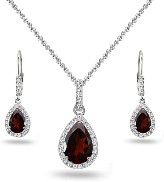 Jewelry Sets for Women, Necklace and Earring Sets for Women, Birthstone Jewelry, Genuine or Synthetic Gemstones, Teardrop Necklace and Dangle Earrings, Pendant Necklace, Sterling Silver Jewelry