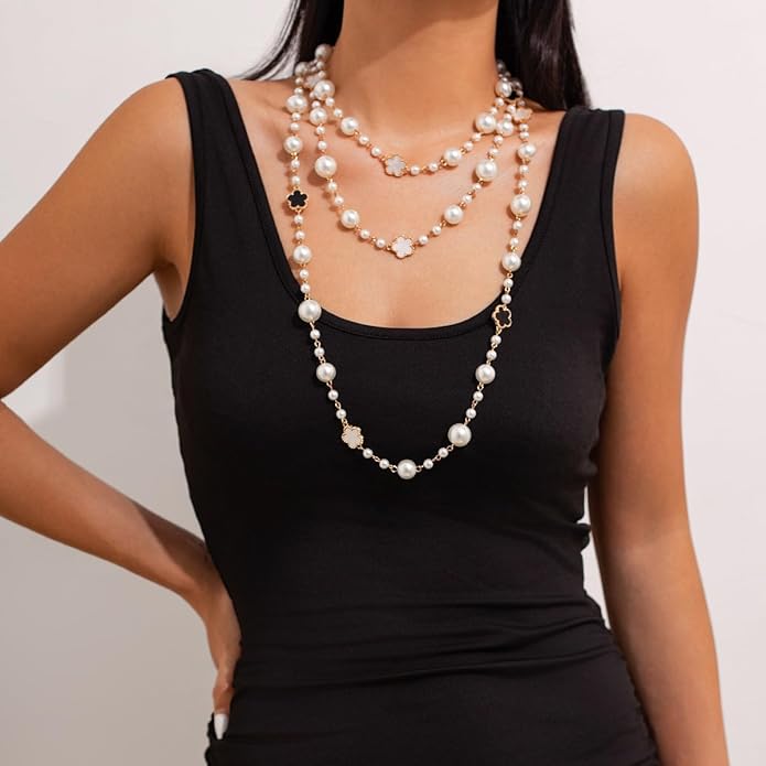 Long Pearl Necklaces for Women Pearl Long Chain Necklace Dainty Gold And Long Pearl Necklaces Layered Pearl Necklace Statement Sweater Strand Chain Jewelry