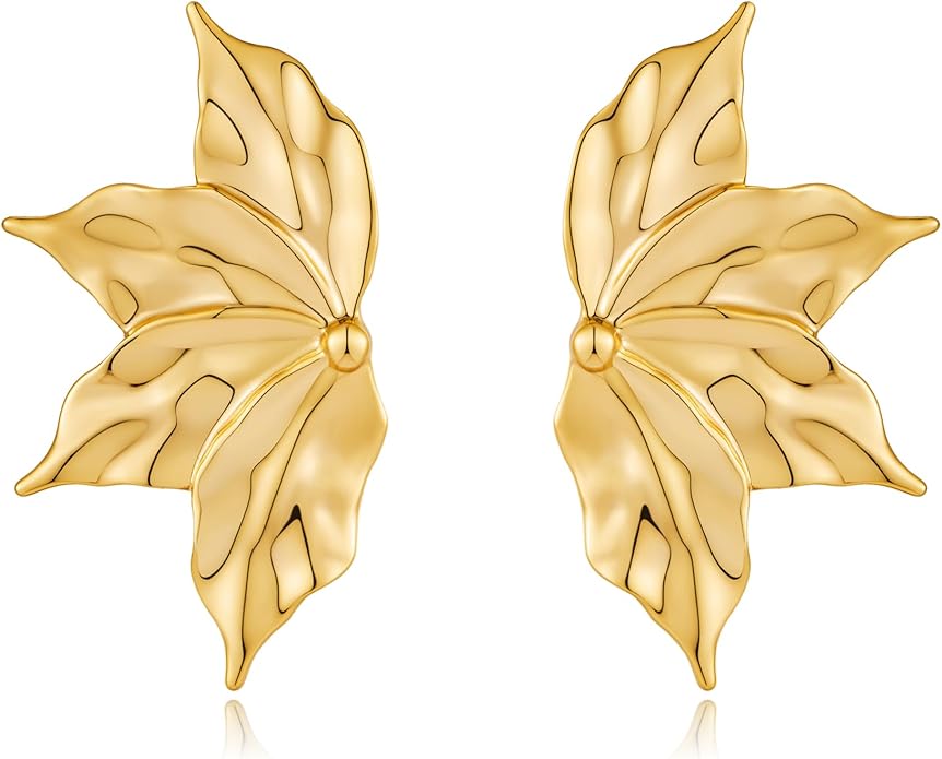Chunky Gold Statement Earrings For Women Gold Plated Sectored Flower Leaf Shell Angel Wing Earrings Large Stud Earrings Hypoallergenic Earrings