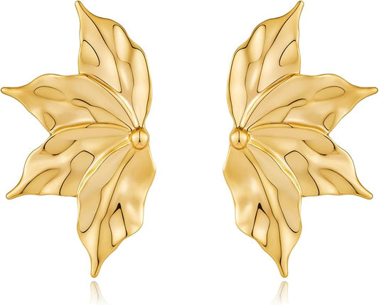 Chunky Gold Statement Earrings For Women Gold Plated Sectored Flower Leaf Shell Angel Wing Earrings Large Stud Earrings Hypoallergenic Earrings