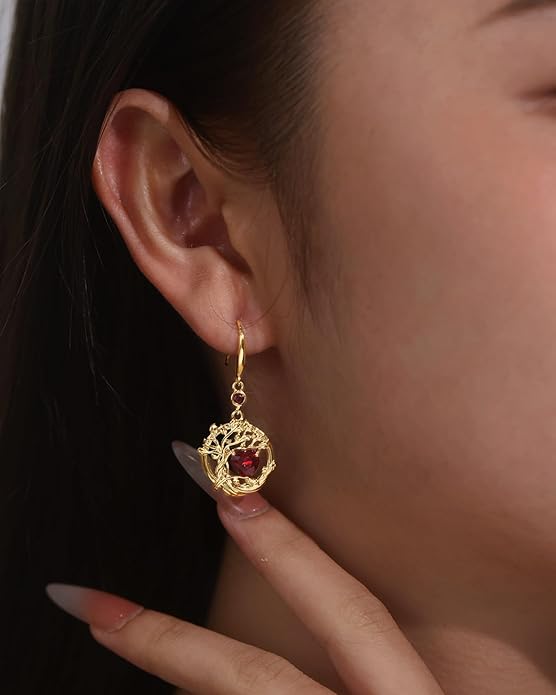 FANCIME Tree of Life Dangle Drop Earrings 925 Sterling Silver Dainty Round Gemstone Birthstone Earring Fine Jewelry Birthday Christmas Gifts for Her Women