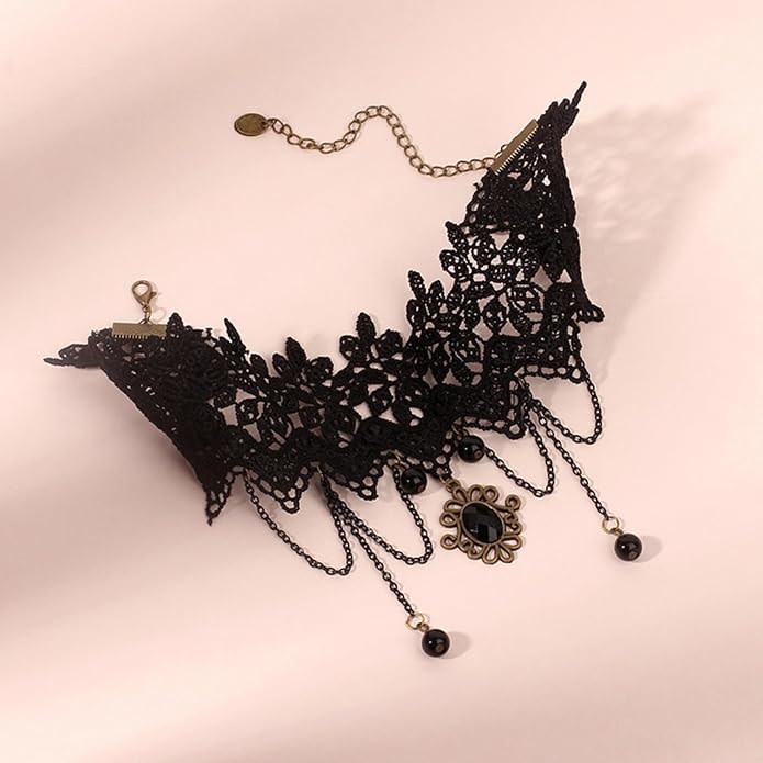 Gothic Lace Choker Necklace for Women,Vintage Black Crystal Hollowed Out Choker Statement Punk Style Layered Tassels Necklace Halloween Dark Witch Costume
