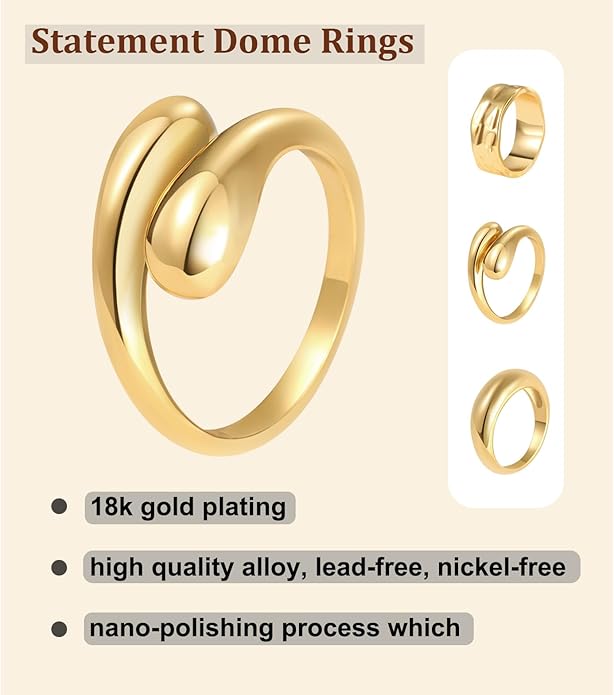 Chunky Gold Rings for Women Non Tarnish, 18K Gold Plated Statement Dome Rings Stacking,Thumb Ring, Mens Silver Eternity Wedding Band Jewelry Size 5-11