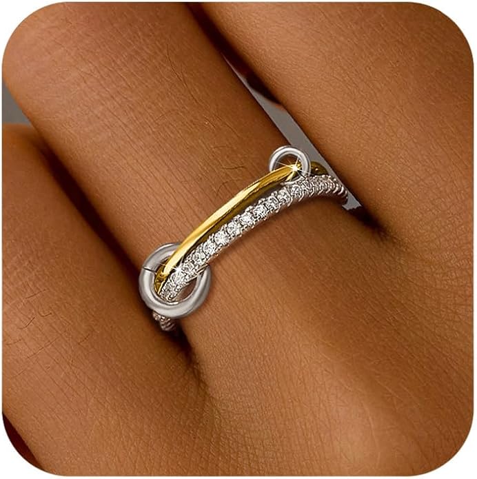 SUYACS 14K Gold Plated Interlocked Stackable Rings for Women Non Tarnish 925 Sterling Silver Mixed Metals Multi Statement Stack Ring Two Tone Connected Bands CZ Thumb Ring Jewelry Gifts