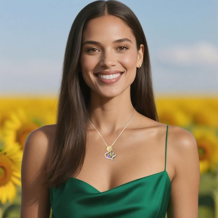 PERJI Valentine's Day Gifts for Women - 925 Sterling Silver Double Birthstone Sunflower Necklace, Anniversary Birthday Jewelry You are My Sunshine Gifts for Wife Couple Girlfriend 18"+2" Non Tarnish