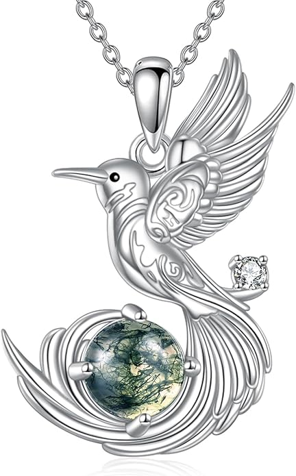 Hummingbird Necklace 925 Sterling Silver Dainty Natural Moss Agate Hummingbird Pendant Necklace Animal Jewelry Humming Bird Gifts for Women