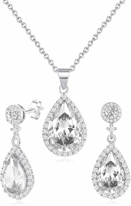 REASAYLL Jewelry Sets For Women 925 Sterling Silver Post Teardrop Dangle Stud Earrings Necklace Set Crystal Rhinestone Wedding Prom Costume Jewelry for Women