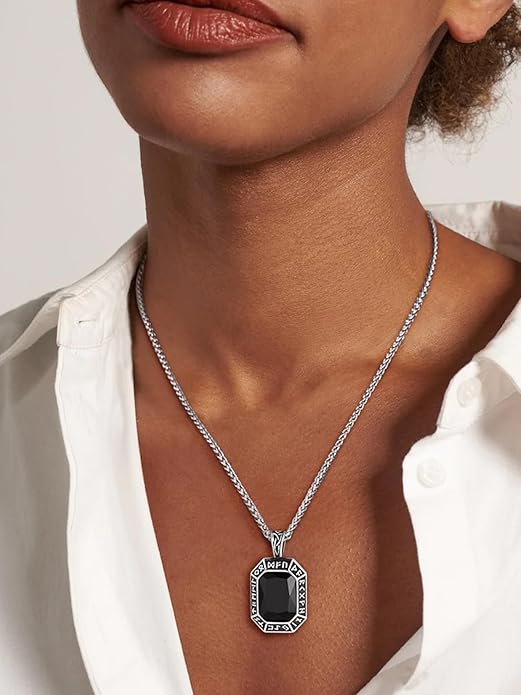 ChainsHouse Viking Rune Pendant Necklace for Men Women, Punk Biker Black Metal/316L Stainless Steel Onyx Norse Vintage Amulet Necklaces with Black/Red/Green/Blue Gemstone, Send Gift Box
