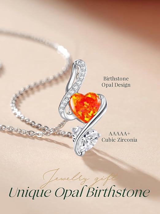LOUISA SECRET 925 Sterling Silver Opal Birthstone Necklace, Unique Tiny Double Heart Pendant Jewelry, Engraved with "S925 I Love You" Best Birthday Gift for Women Wife Girlfriend Mom Her, Christmas Day Valentine's Day Anniversary Mother's Day