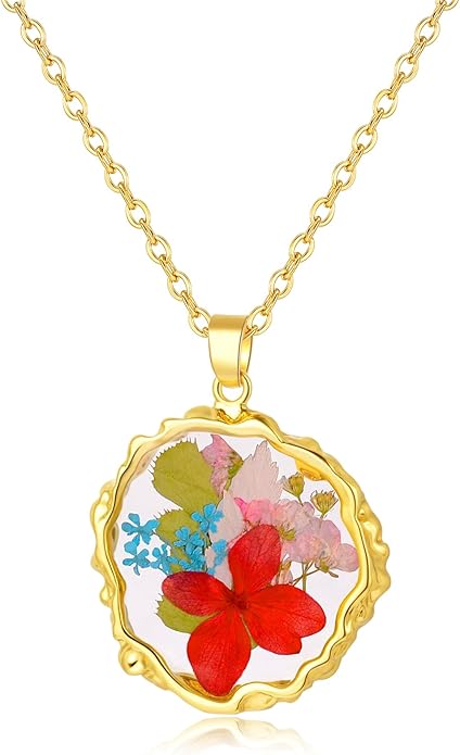 Birth Flower Necklaces for Women,1-12 Month Real Pressed Flower Necklace,Boho-Style Personalized Jewelry, Handmade Floral Pendant,Thoughtful Gift for Christmas,Birthday|18"