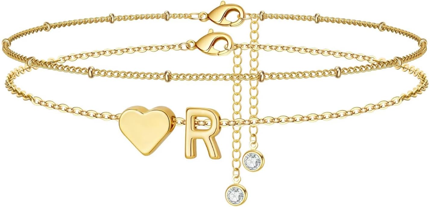 M MOOHAM Gold Initial Ankle Bracelets for Women - Layered Heart Letter A-Z Initial Dainty Gold Anklets for Women Waterproof, Womens Anklets Jewelry Birthday Gifts Jewelry