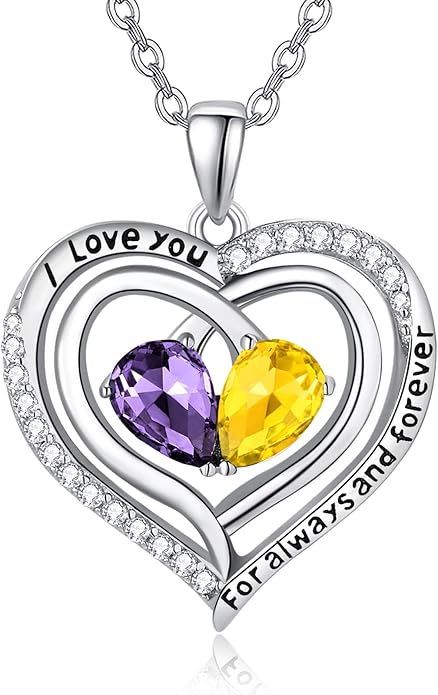 Zeuslia Double Birthstone Necklace Gifts for Wife - 925 Sterling Silver Sunflower/Rose/Crown Cross/Compass/Heart Pendant I Love You Necklace, Anniversary Birthday Gifts for Wife Girlfriend Mom Her