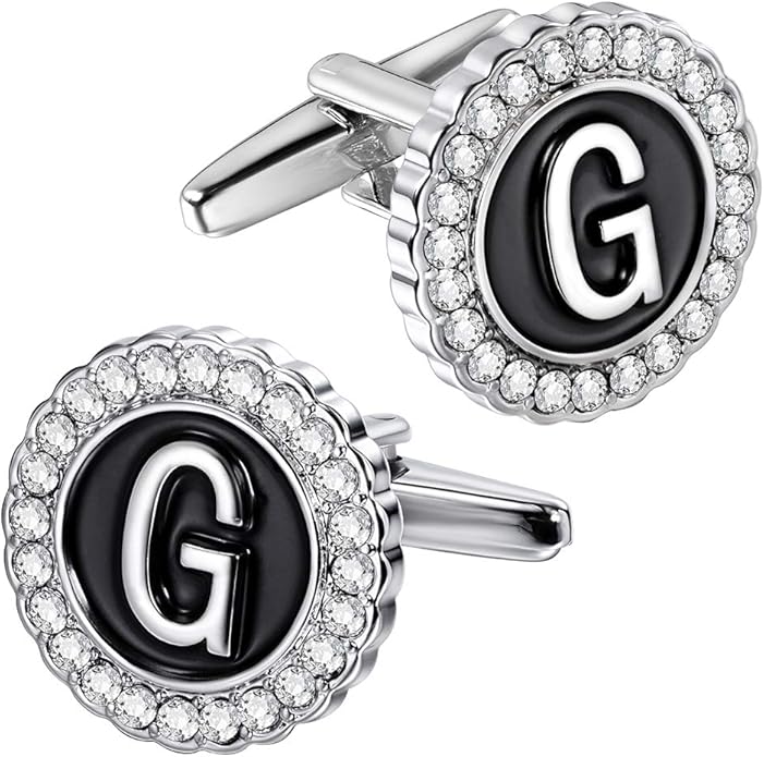 HAWSON A-Z Initial Cufflinks for Men and Women with Clear Crystal, Gold Silver Color Rasied Letter A-Z Cuff Links for French Shirt, Gift for Normal and Business Wearing