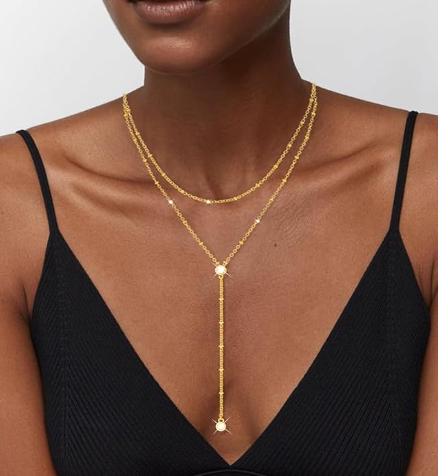 iF YOU Lariat Gold Long Necklaces for Women Trendy, Dainty 14K Gold Plated Drop Chain Necklace, Layered Rosary Beaded Y Necklaces Simple Fashion Jewelry Gifts
