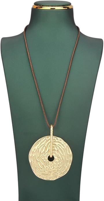 Long Boho Necklaces for Women Vintage Leather Wooden Pendant Y Choker Ethnic Style Gold Circle Hippie Sweater Necklace