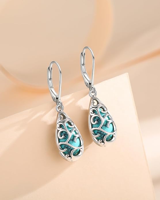 BDL Genuine Turquoise Jewelry for Women, Sterling Silver Earrings and Necklaces for Women, Leverback Dangle Drop Earrings Jewelry…