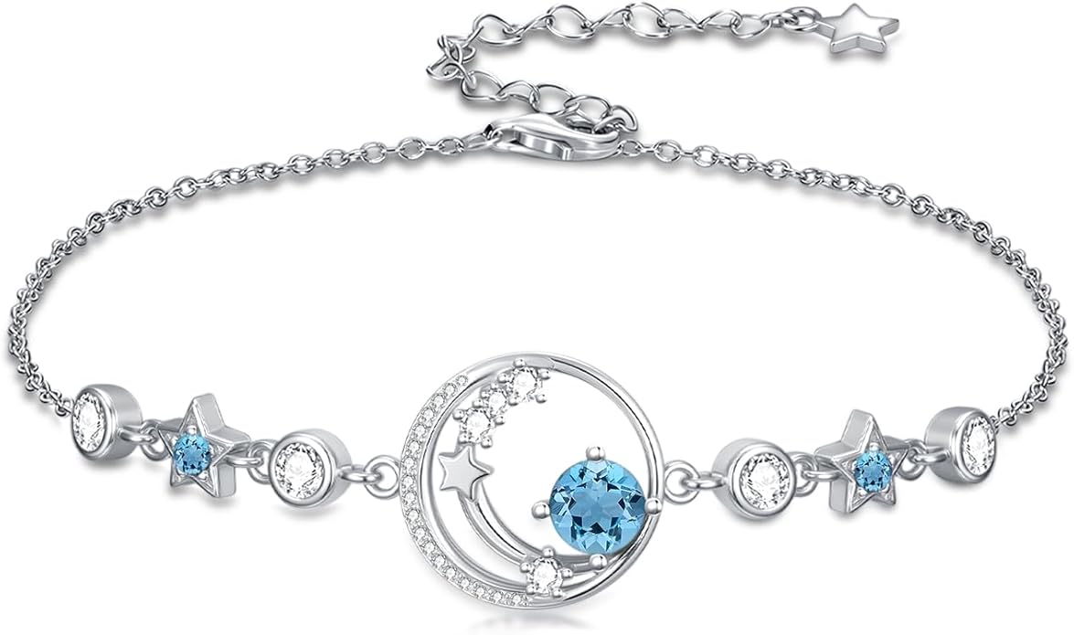 Moon and Star Birthstone Charm Link Bracelet 925 Sterling Silver Moon and Star Bracelet with 12 Months Birthstone Birthday Jewelry Gifts for Women Mom Her,Chain Length 7"+2" Extend