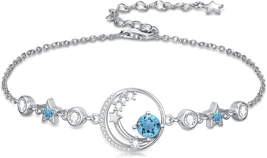 Moon and Star Birthstone Charm Link Bracelet 925 Sterling Silver Moon and Star Bracelet with 12 Months Birthstone Birthday Jewelry Gifts for Women Mom Her,Chain Length 7"+2" Extend