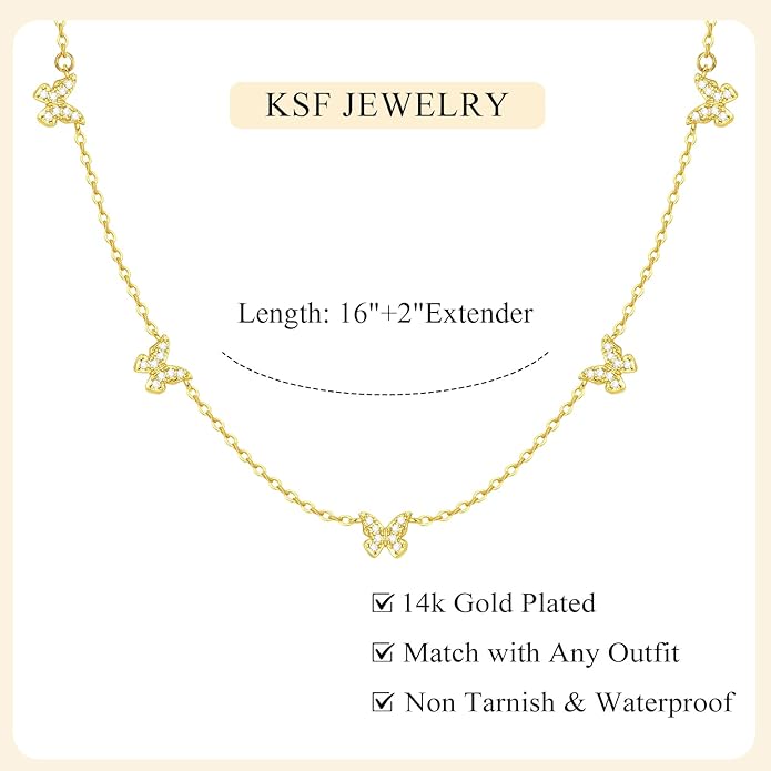 KSF Gold Choker Necklace for Women - 18K Gold Plated Dainty Necklaces for Women Trendy, Cute Heart Flower Butterfly Beaded Cubic Zirconia Choker, Stainless Steel Necklace Jewelry Gift Non Tarnish