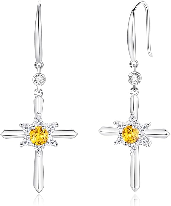 FANCIME Cross Dangle Drop Earrings 925 Sterling Silver Dainty Round Birthstone Earring Fine Jewelry Birthday Gifts for Her Women