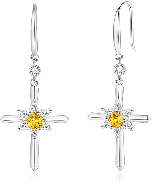 FANCIME Cross Dangle Drop Earrings 925 Sterling Silver Dainty Round Birthstone Earring Fine Jewelry Birthday Gifts for Her Women
