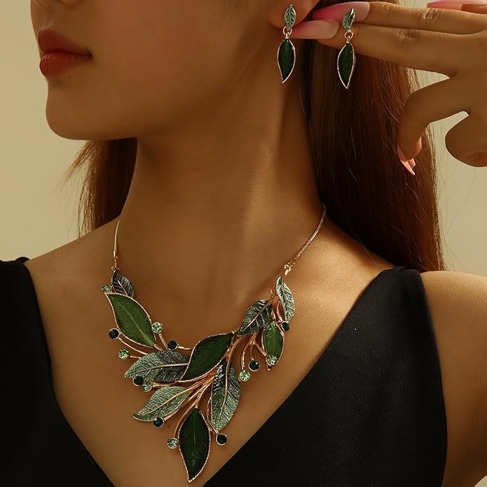 Vintage Chunky Statement Jewelry Set Retro Leaf Floral Geometric Bohemian Boho Bib Necklace Earring Set Fashion Costume Jewelry for Women Girls Wedding Party Prom Unique Gift