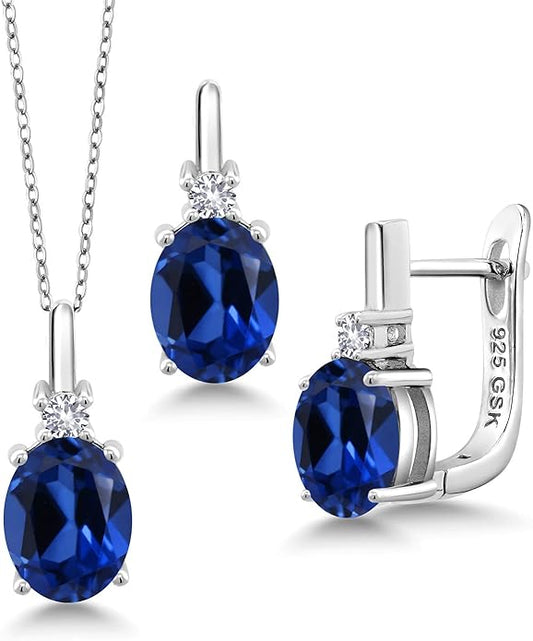 Gemstone Birthstone and White Created Sapphire Pendant and Earrings Jewelry Set for Women in 925 Sterling Silver | Oval 8X6MM and Round 2.5MM | With 18 Inch Chain | Fine Jewelry for Her Mom Women Wife