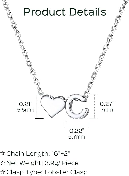 ChicSilver 925 Sterling Silver Heart Initial Necklaces for Women -Dainty Personalized Heart Pendant Letter Alphabet Necklace for Women