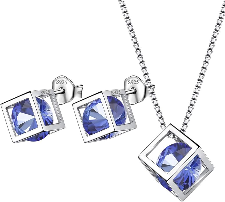Aurora Tears Birthstone Necklace/Earring 925 Sterling Silver Women Cross/3D Cube/Cresent Moon Birth Stone Jewelry Mens Birthday Gift Anniversary Present