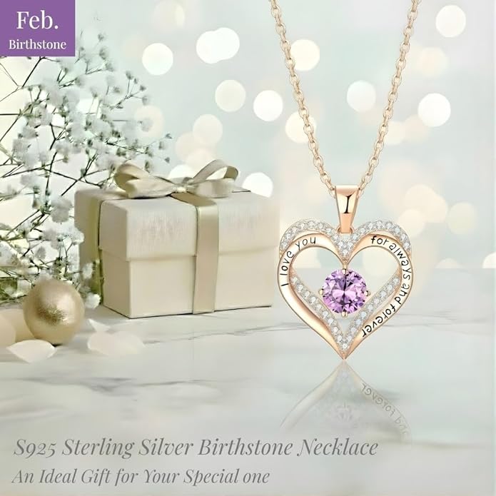 Birthstone Heart Necklace for Women Wife Girlfriend Mom Daughter Gifts S925 Silver Jewelry For Anniversary Rose Gold Gifts For Birthday Christmas Mothers Valentines Day