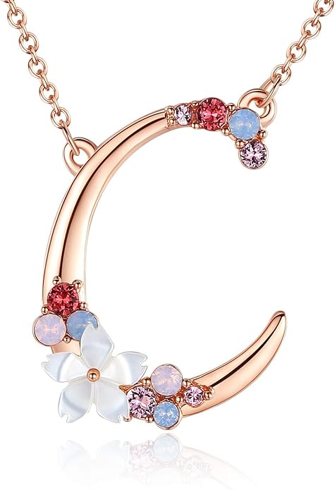 Flower Initial Letter Necklace Pink Red Blue Simulated Pearl Pendant Name Jewelry Made with Austrian Crystals Rose Gold Plated Anniversary Birthday Gifts for Women,18"+2"